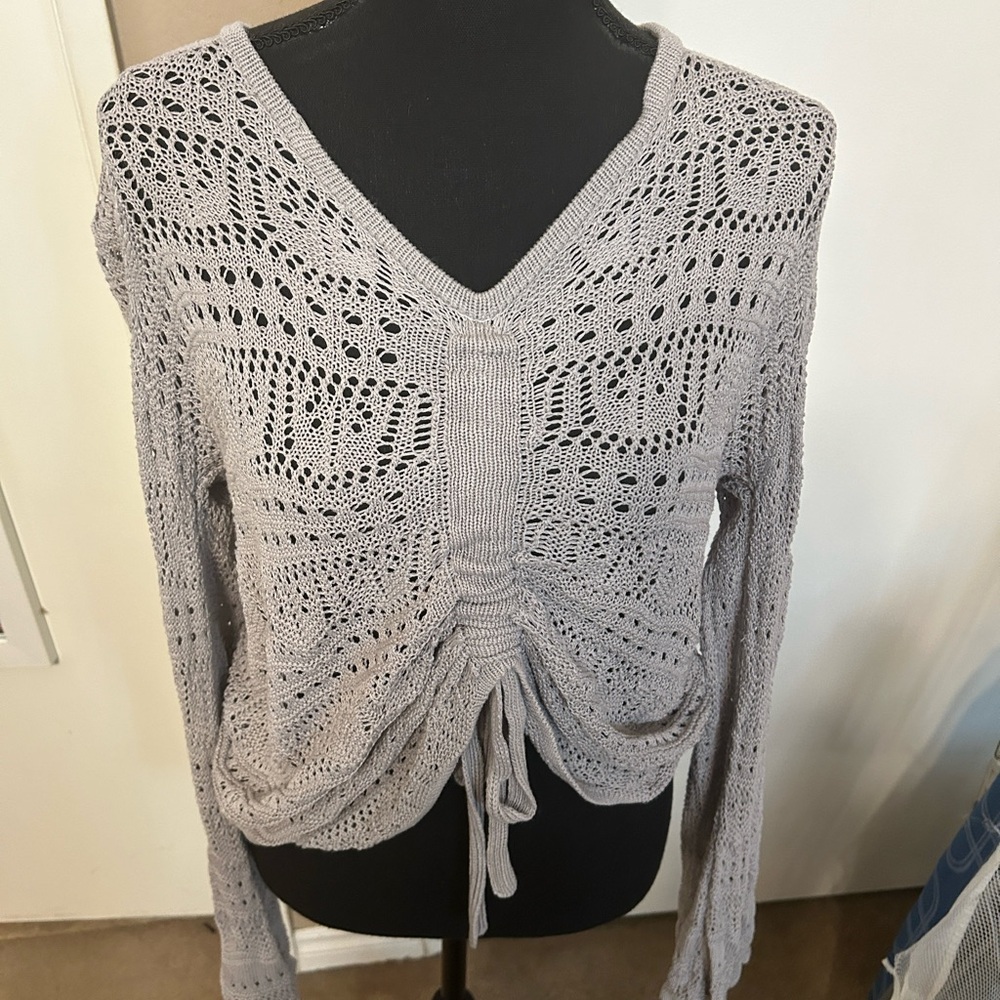 Grey Tie Up Sweater S
